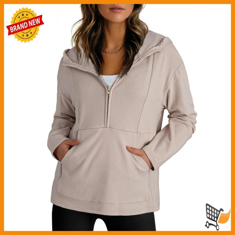 Oversized Fleece Half Zip Hoodie Women's Casual Pullover Kangaroo Pocket